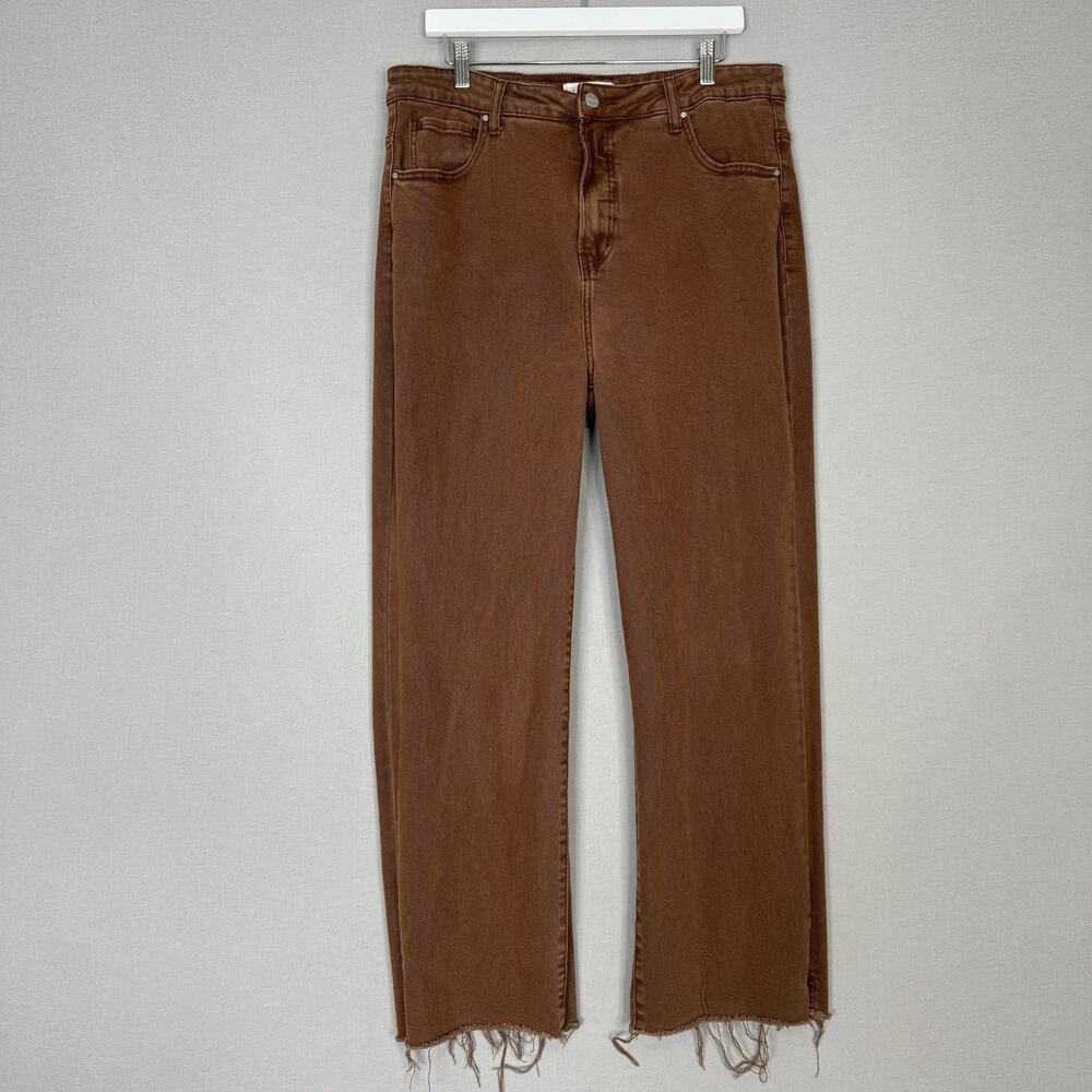 Risen Jeans Womens 2XL Brown Hi Rise Tummy Control Raw-Hem Straight Leg Denim